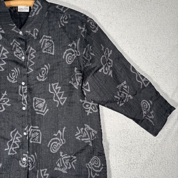 Chicos Top Women’s Size 2 (L) Black Linen Blend Artsy Boho‎ Artistic Abstract - Picture 3 of 14